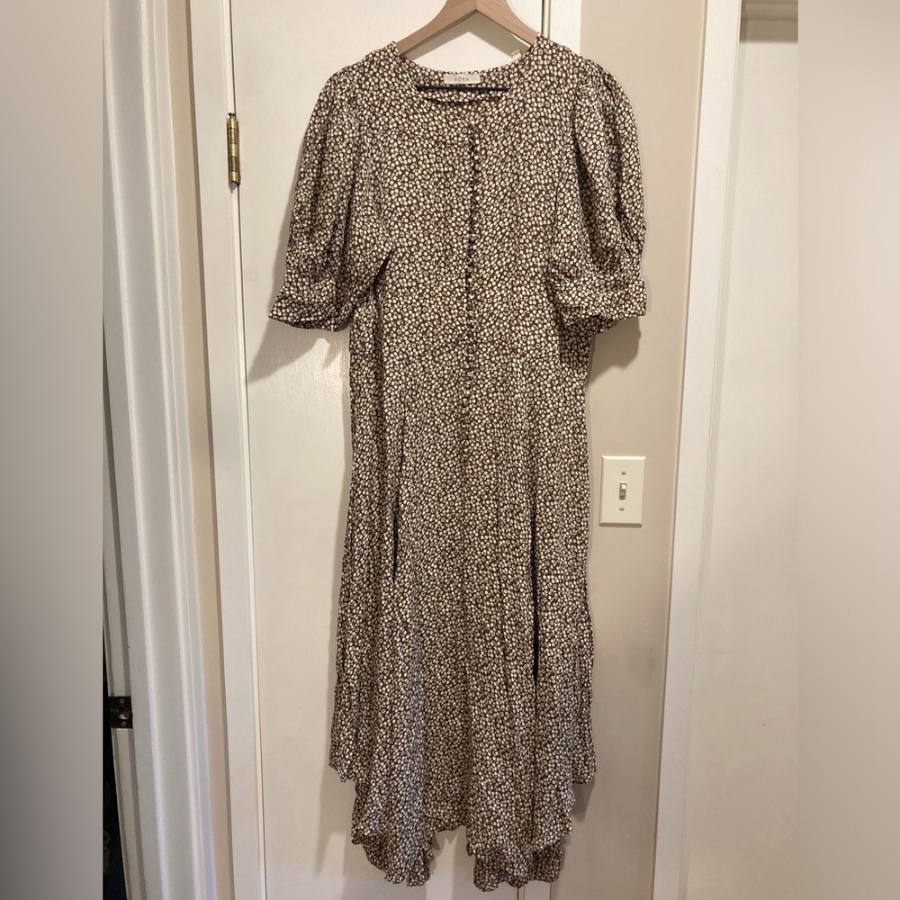 Doen Midi Dress with Puff Sleeves - Brown and Cream